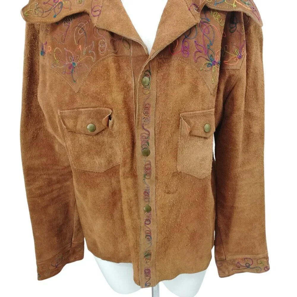 Vintage Suede Embroidered Snap Western Jacket Shirt Size XL Brown Rainbow Collar